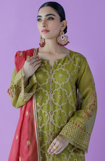 Orient - Unstitched 3 Piece Embroidered Khaddi Net Shirt , Raw Silk Pant and Khaddi Net Dupatta