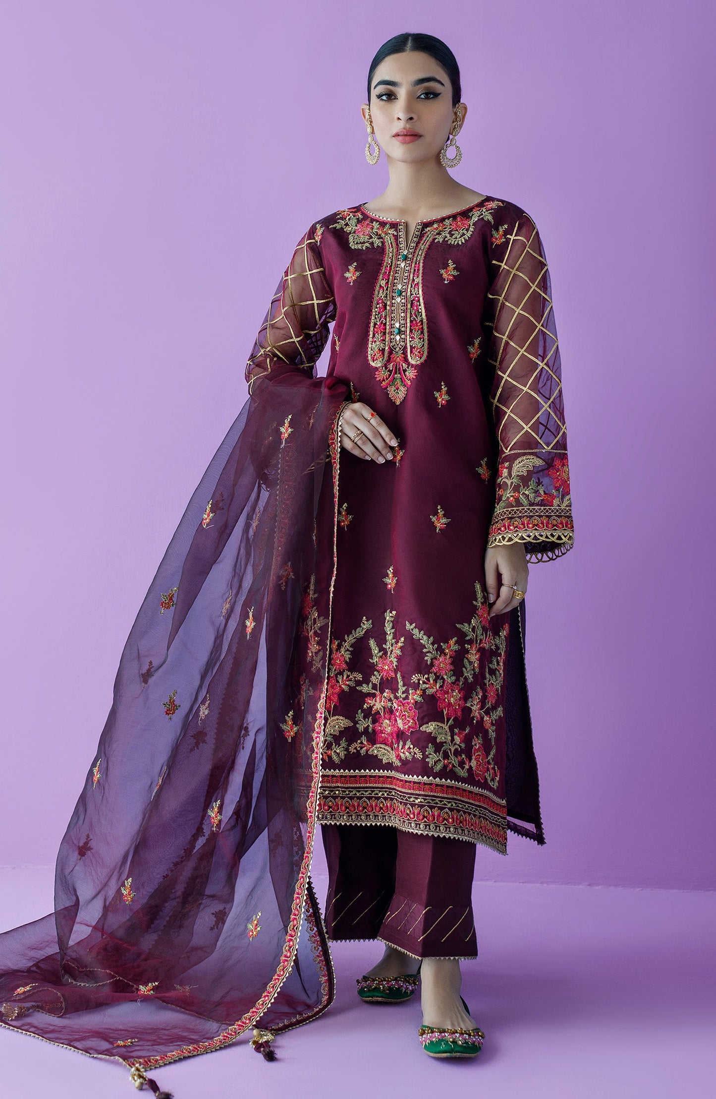 Orient - Unstitched 3 Piece Embroidered Organza Shirt , Raw Silk Pant and Organza Dupatta
