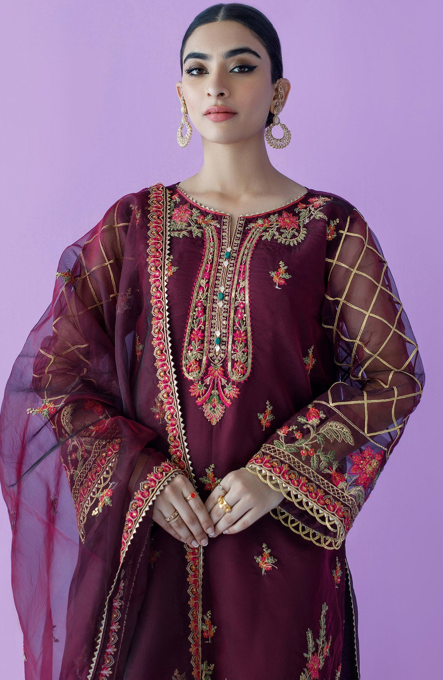 Orient - Unstitched 3 Piece Embroidered Organza Shirt , Raw Silk Pant and Organza Dupatta