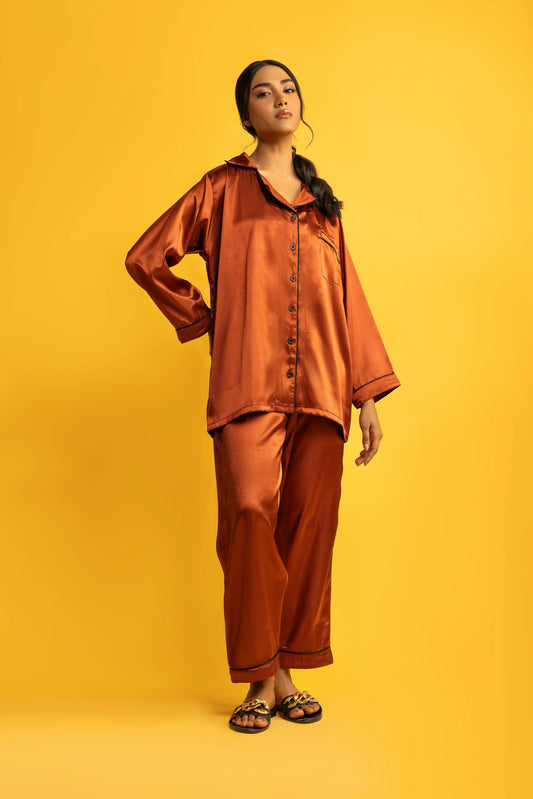 Decuir - Rust Silk Satin Women‘s Pajamas Set Notched Collar Top & Wide Leg Long Pants 2 Pieces  Loungewear