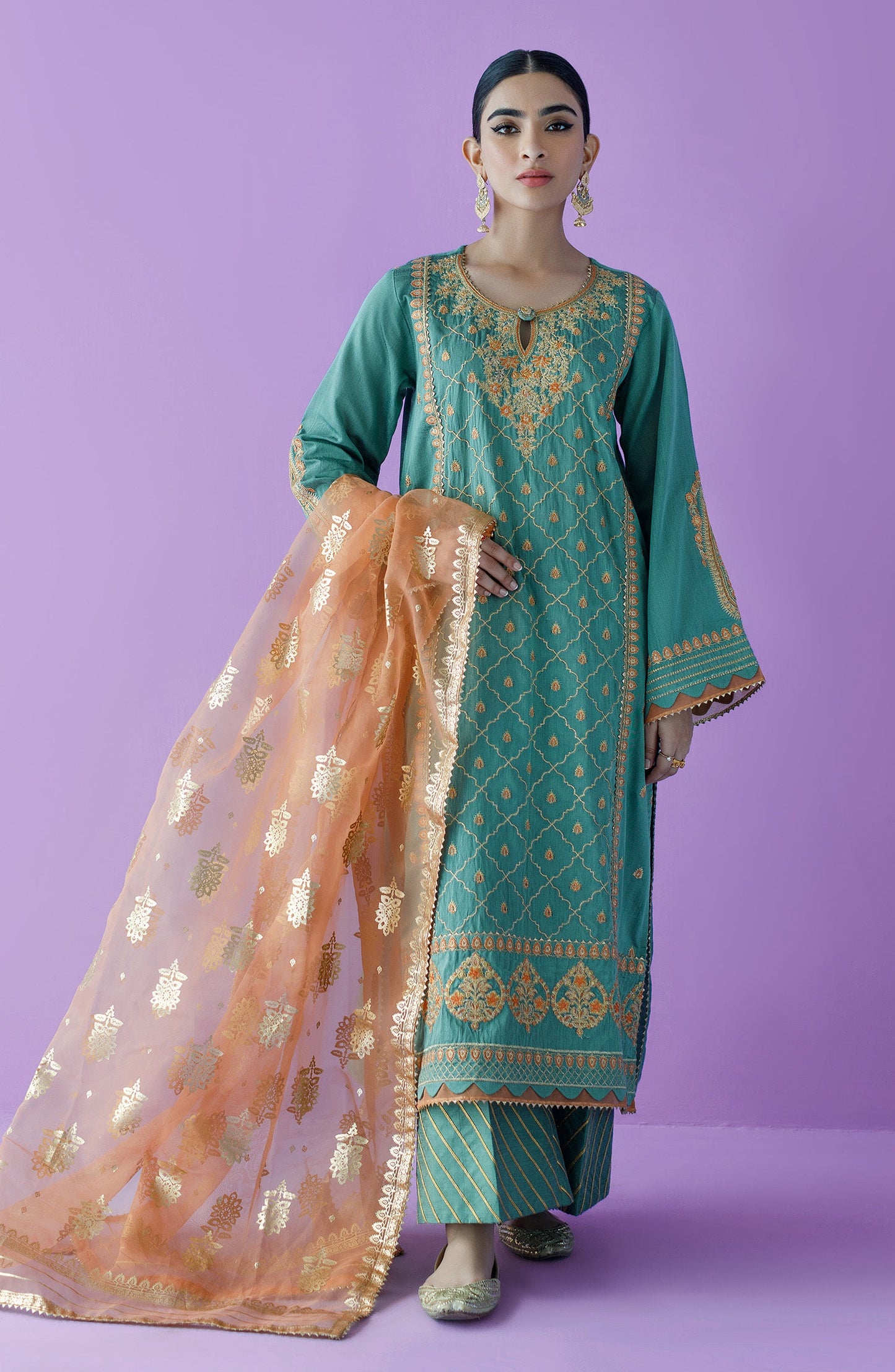 Orient - Unstitched 3 Piece Embroidered Cotton Silk Shirt , Cotton Silk Pant and Organza Dupatta