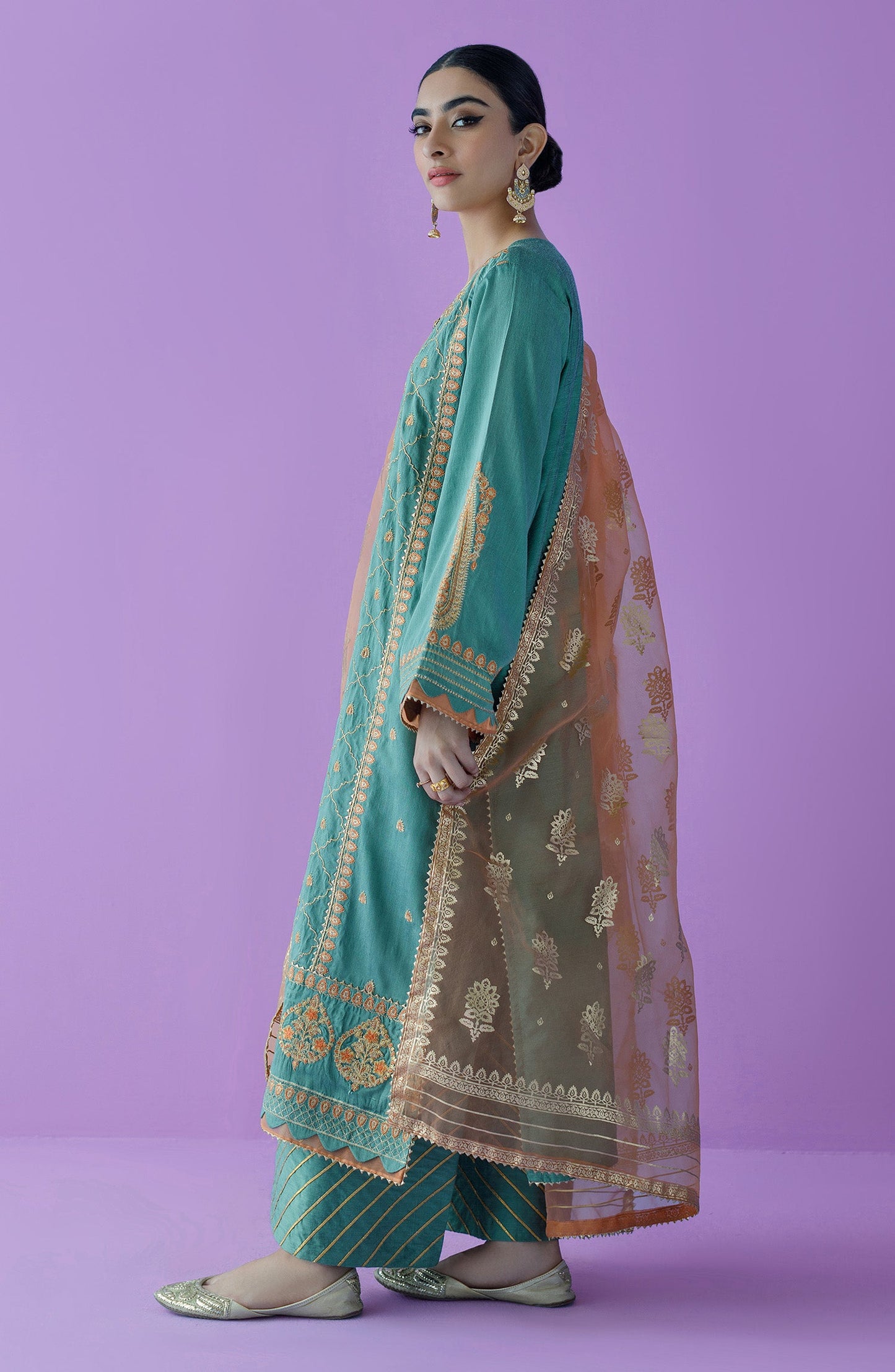 Orient - Unstitched 3 Piece Embroidered Cotton Silk Shirt , Cotton Silk Pant and Organza Dupatta