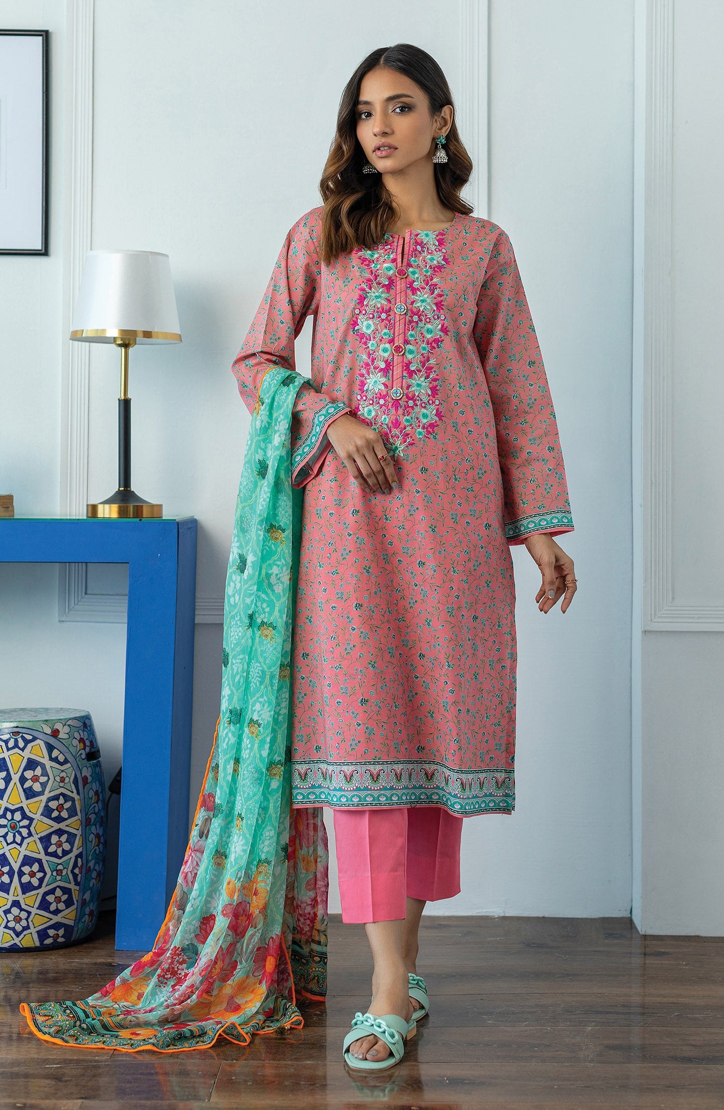 Orient - Unstitched 3 Piece Embroidered Lawn Shirt , Cambric Pant and Bimber Chiffon Dupatta