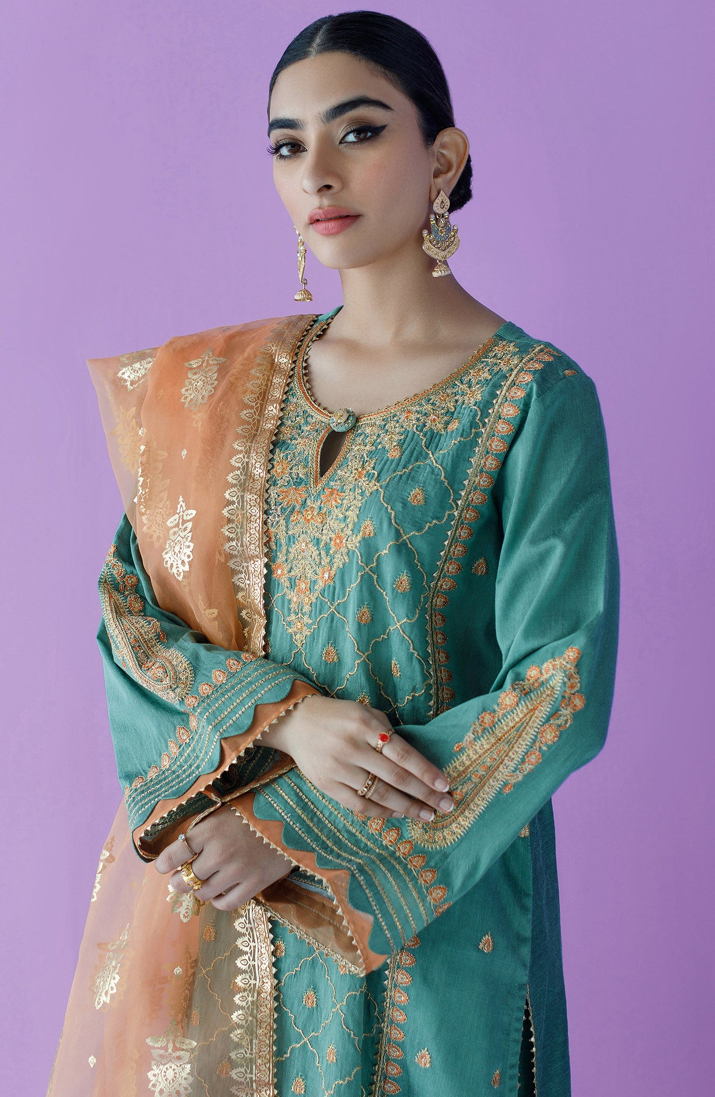 Orient - Unstitched 3 Piece Embroidered Cotton Silk Shirt , Cotton Silk Pant and Organza Dupatta