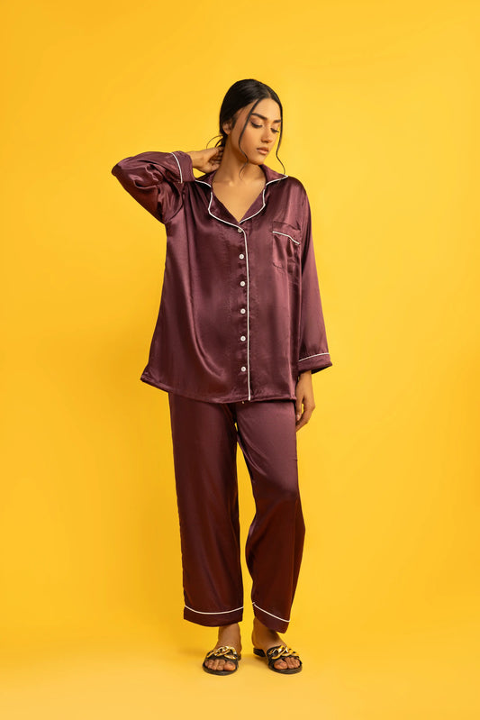 Decuir - Purple Silk Satin Women‘s Pajamas Set Notched Collar Top & Wide Leg Long Pants 2 Pieces  Loungewear
