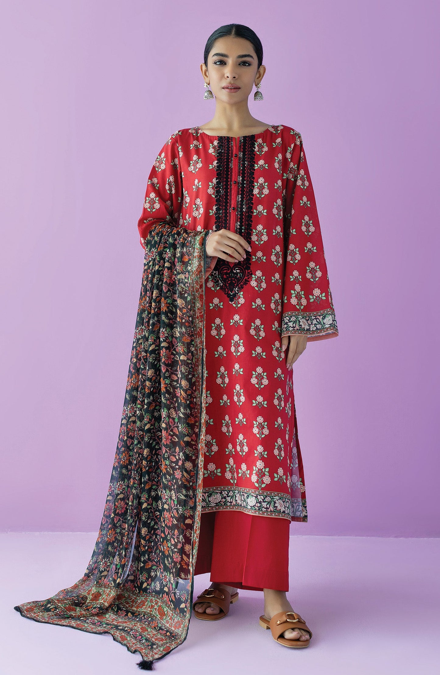 Orient - Unstitched 3 Piece Embroidered Lawn Shirt , Cambric Pant and Chiffon Dupatta