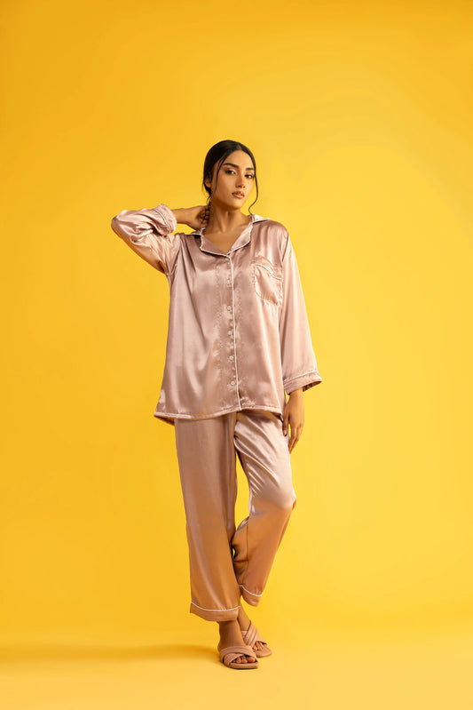 Decuir - Tea Pink Silk Satin Women‘s Pajamas Set Notched Collar Top & Wide Leg Long Pants 2 Pieces  Loungewear