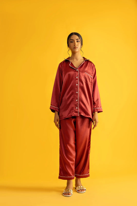 Decuir - Blood Maroon Silk Satin Women‘s Pajamas Set Notched Collar Top & Wide Leg Long Pants 2 Pieces  Loungewear