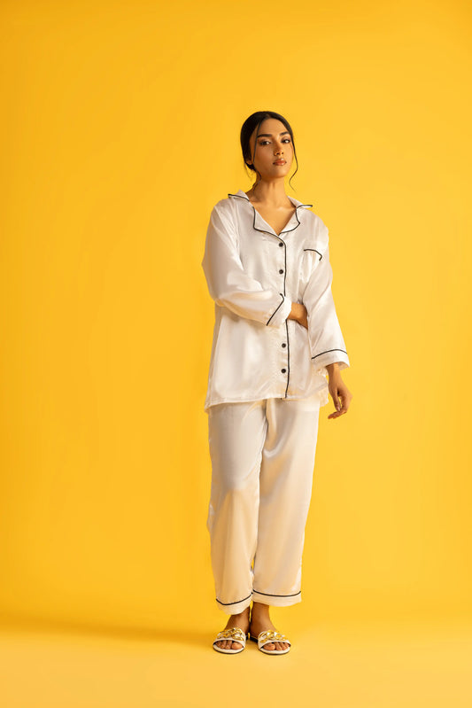 Decuir - White Silk Satin Women‘s Pajamas Set Notched Collar Top & Wide Leg Long Pants 2 Pieces  Loungewear