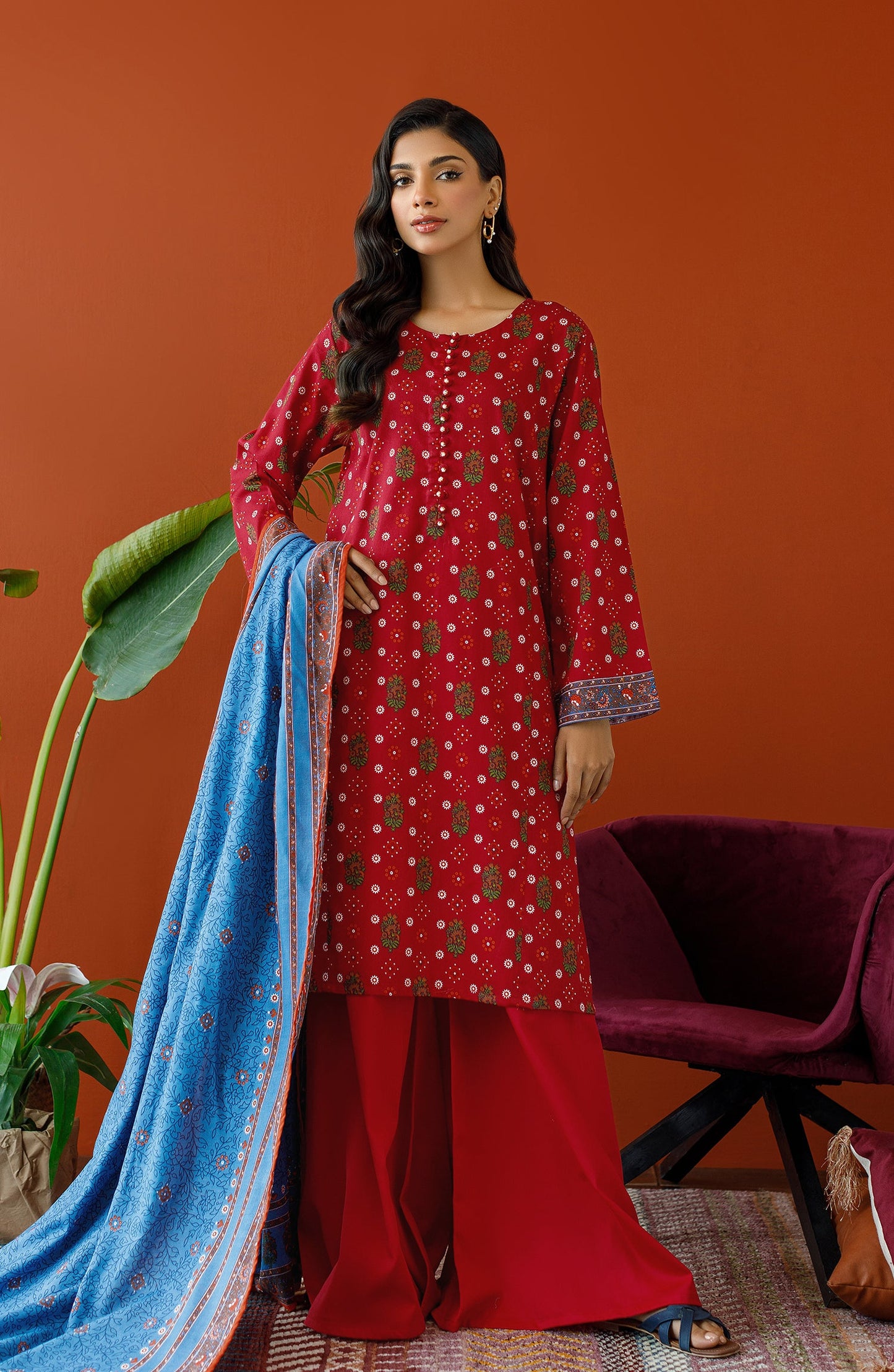 Orient - Unstitched 3 Piece Printed Cottel Shirt , Cottel Pant and Cottel Dupatta