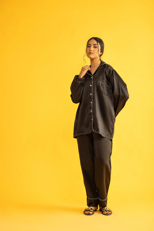 Decuir - Black Silk Satin Women‘s Pajamas Set Notched Collar Top & Wide Leg Long Pants 2 Pieces  Loungewear