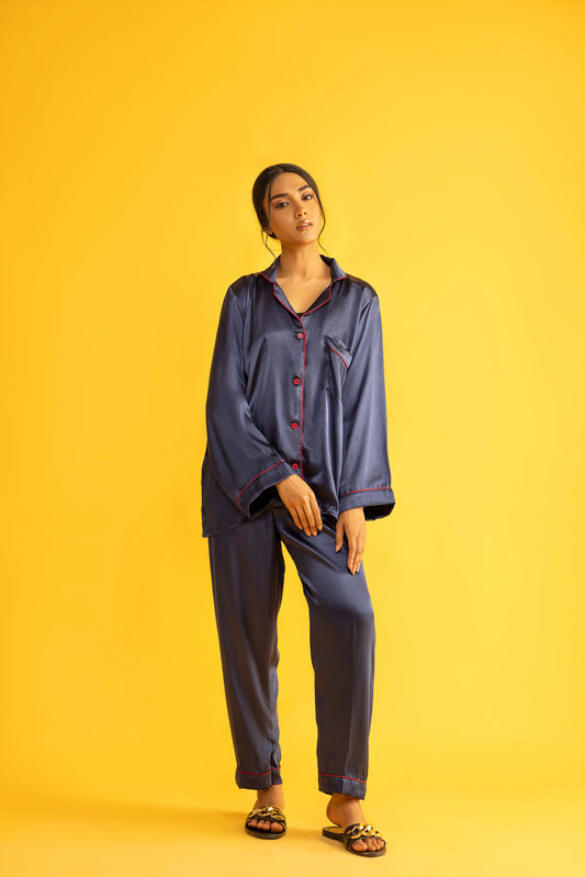 Decuir - Blue Silk Satin Women‘s Pajamas Set Notched Collar Top & Wide Leg Long Pants 2 Pieces  Loungewear