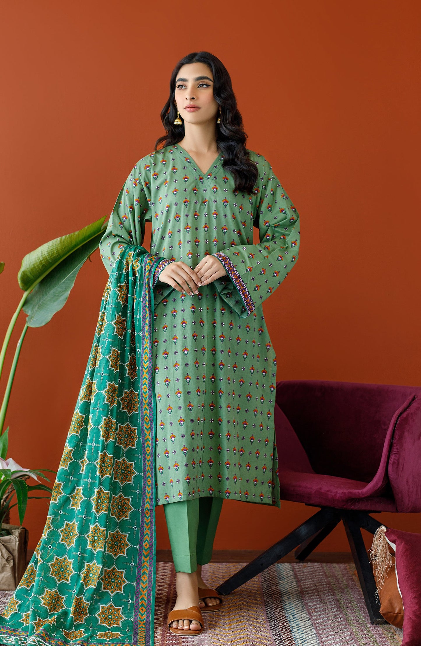 Orient - Unstitched 3 Piece Printed Cambric Shirt , Cambric Pant and Lawn Dupatta