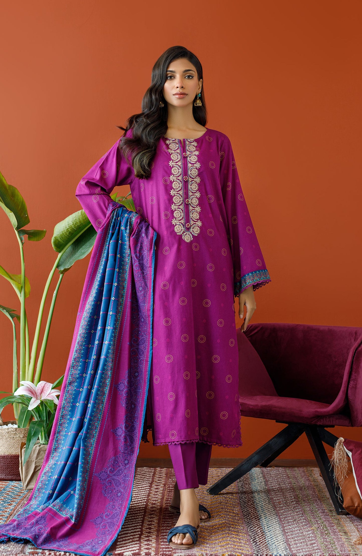 Orient - Unstitched 3 Piece Embroidered Cottel Shirt , Cottel Pant and Cottel Dupatta