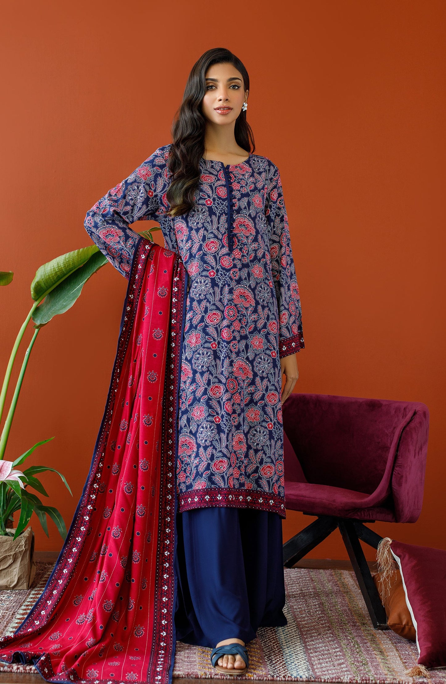 Orient - Unstitched 3 Piece Printed Linen Shirt , Linen Pant and Linen Dupatta