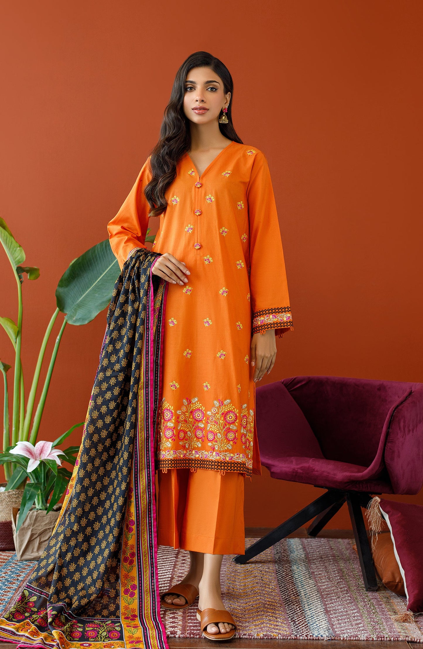 Orient - Unstitched 3 Piece Embroidered Cambric Shirt , Cambric Pant and Lawn Dupatta
