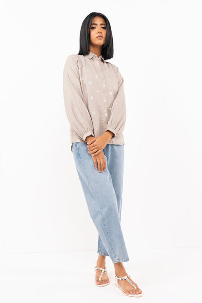 Dyed Embroidered Yarn Dyed Shirt