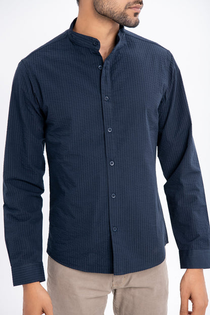 BTW - BAND COLLAR TEXTURED COTTON SHIRT