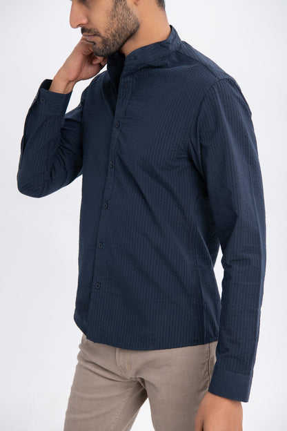 BTW - BAND COLLAR TEXTURED COTTON SHIRT