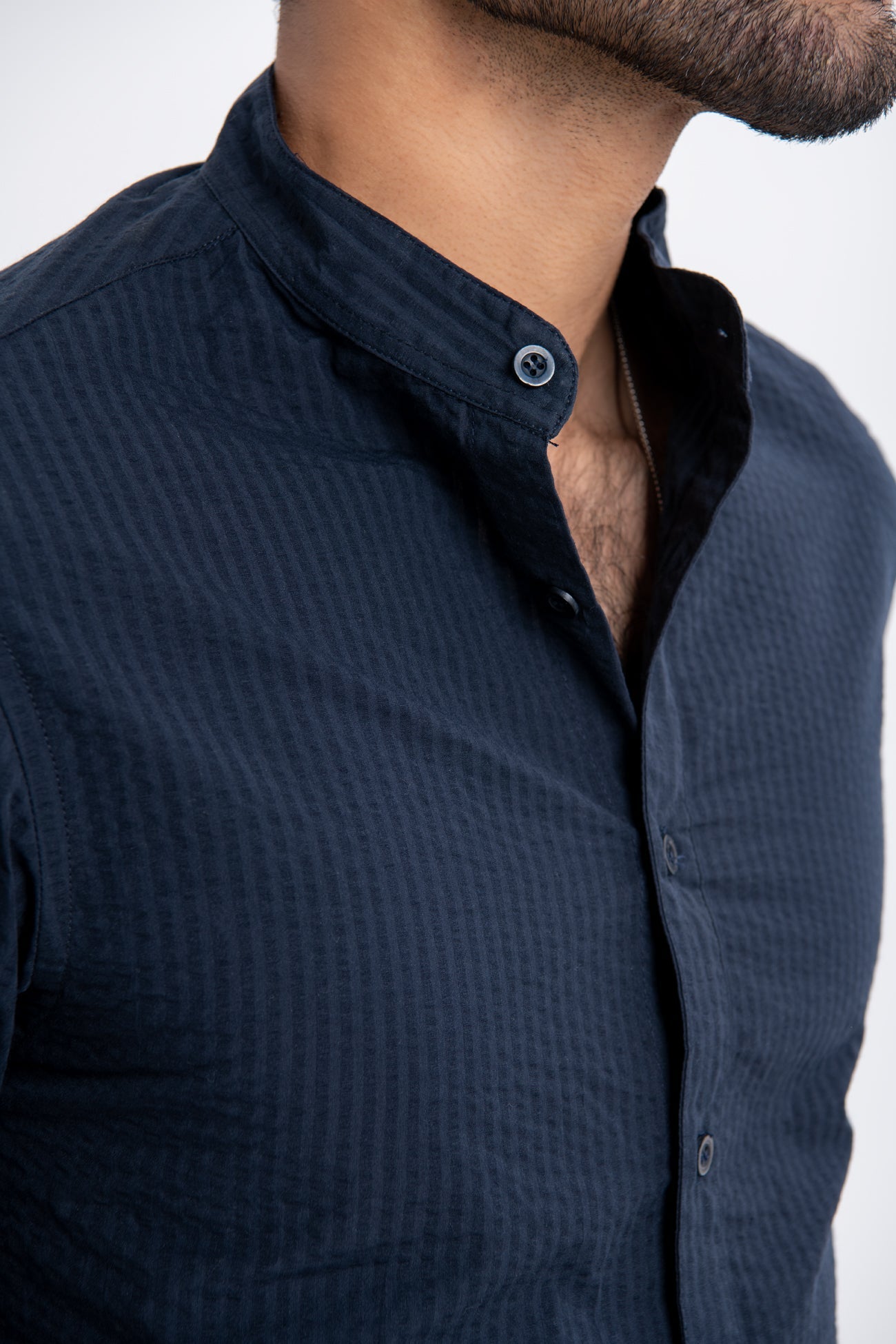 BTW - BAND COLLAR TEXTURED COTTON SHIRT