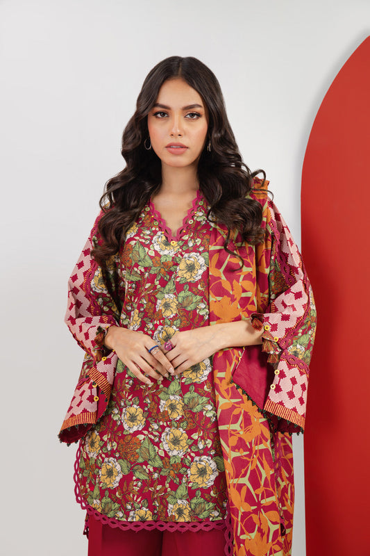 3 Pc Printed Cambric Suit With Silver Lawn Dupatta