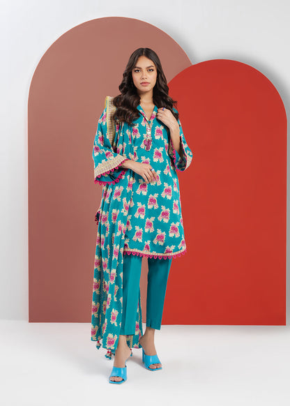 3 Pc Printed Cambric Suit With Doria Dupatta