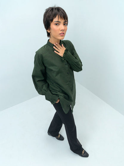 Beechtree - Textured Green Smocked Sleeved Shirt