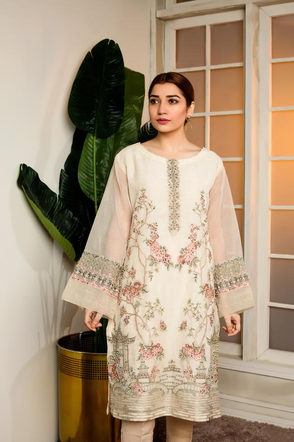 Adan's Libas - Cloudy White - Hand Embellished Embroidered Organza Shirt