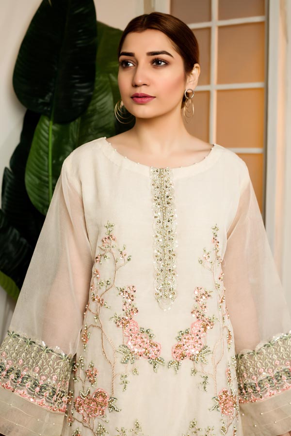 Adan's Libas - Cloudy White - Hand Embellished Embroidered Organza Shirt