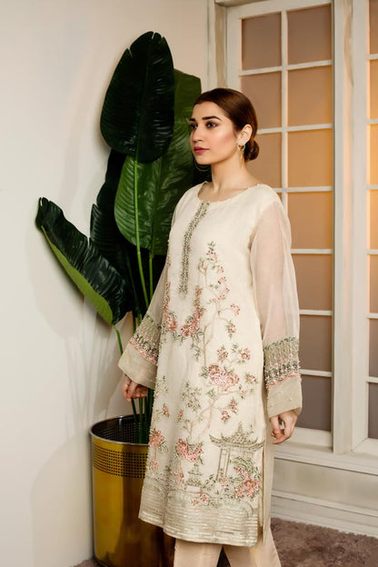 Adan's Libas - Cloudy White - Hand Embellished Embroidered Organza Shirt