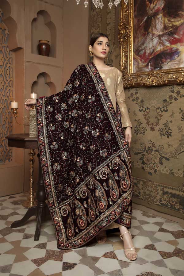 Adan's Libas - Chocolate Brown - Embroidered Velvet Shawl