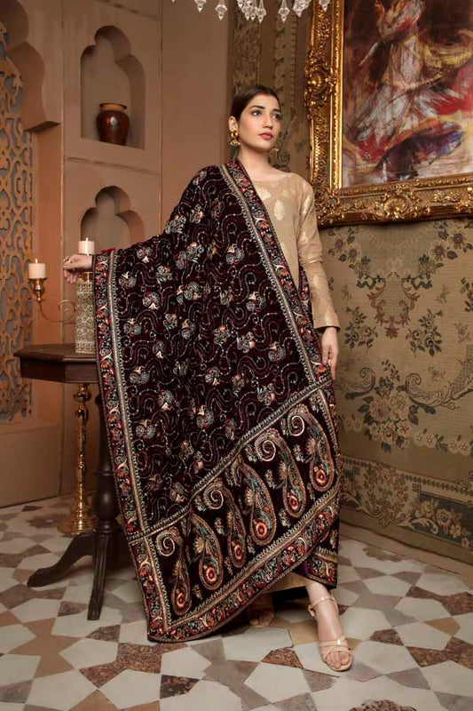 Adan's Libas - Chocolate Brown - Embroidered Velvet Shawl