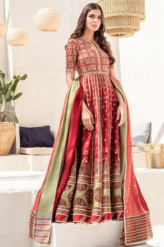 Burgundy Printed Long Peshwaas With Zardoze And Gota Work And Two-Tone Khaddi Silk Dupatta