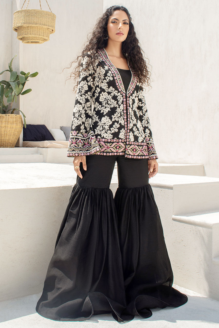 Black Embroidered Khaddi Curdoroy Front-Open Short Jacket