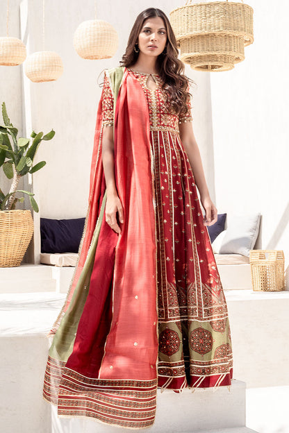 Burgundy Printed Long Peshwaas With Zardoze And Gota Work And Two-Tone Khaddi Silk Dupatta