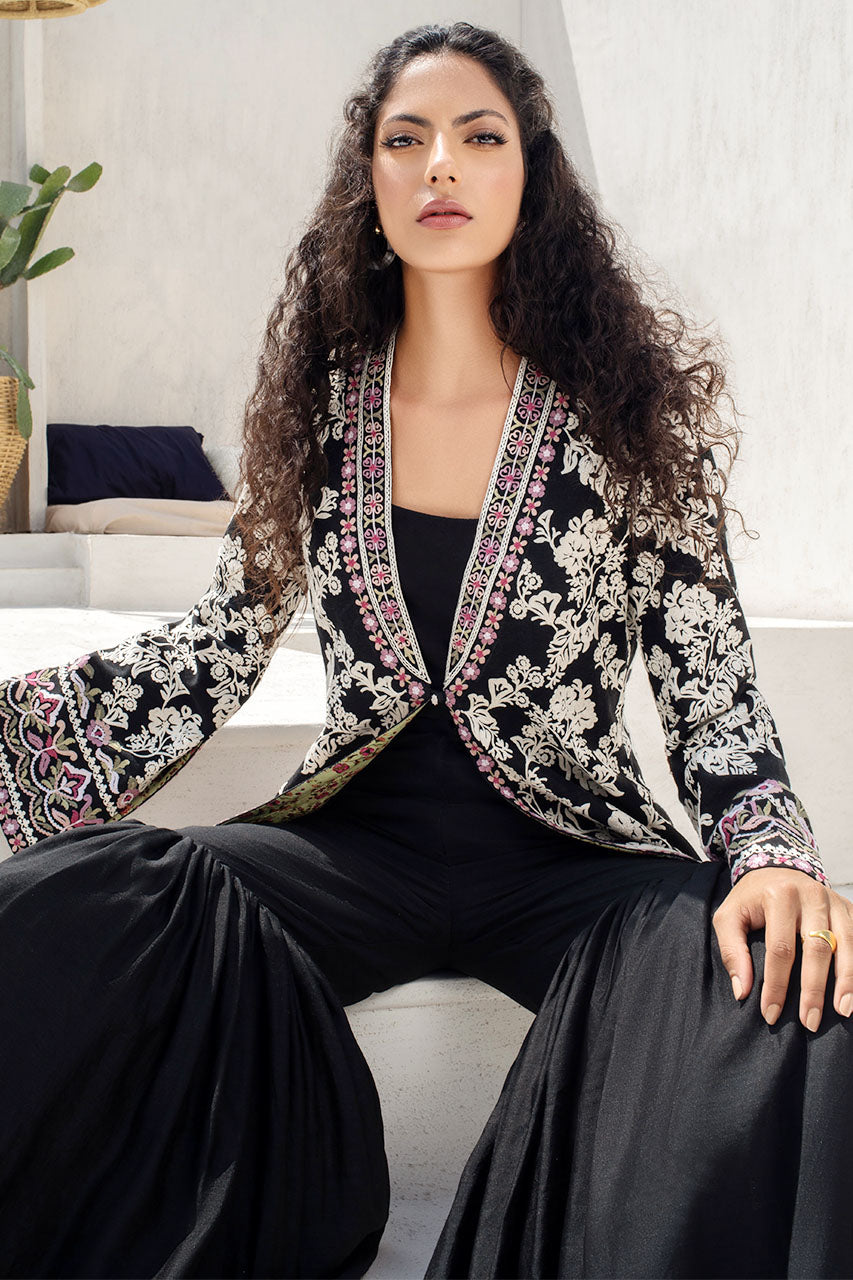 Black Embroidered Khaddi Curdoroy Front-Open Short Jacket