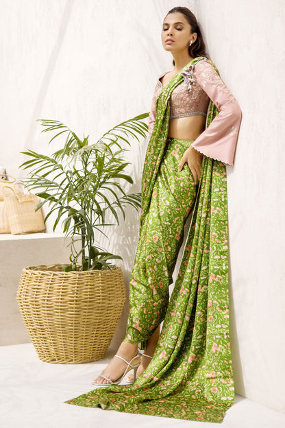 Embroidered Chalk Pink Blouse With Pear-Coloured Printed Floral Silk Sari