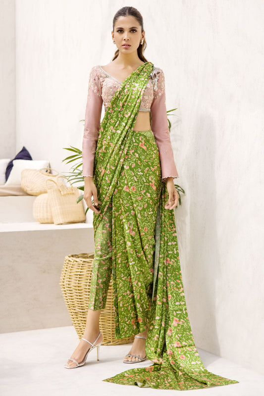 Embroidered Chalk Pink Blouse With Pear-Coloured Printed Floral Silk Sari