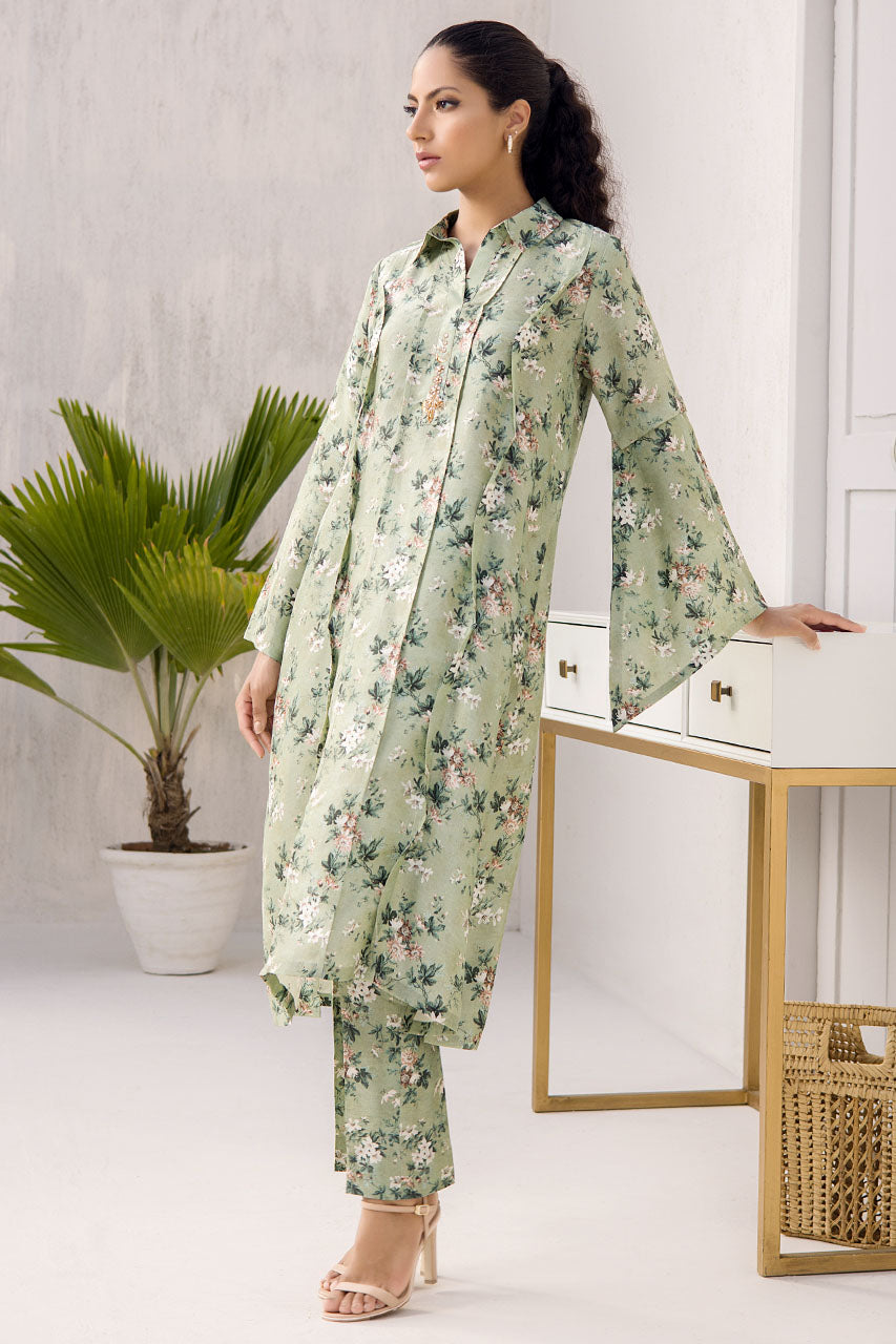 Light Sage Green Raw Silk Printed Kurta