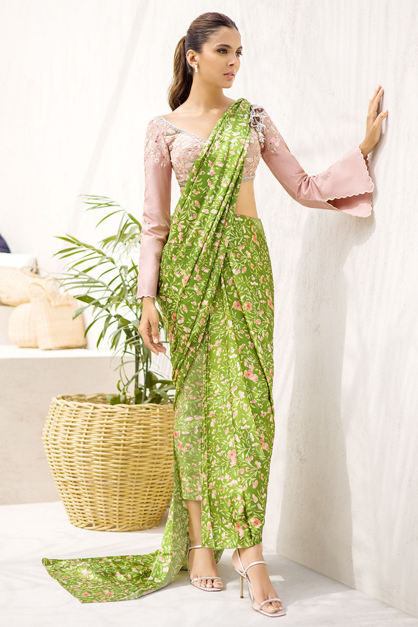 Embroidered Chalk Pink Blouse With Pear-Coloured Printed Floral Silk Sari