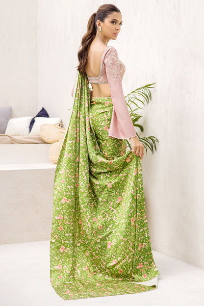 Embroidered Chalk Pink Blouse With Pear-Coloured Printed Floral Silk Sari