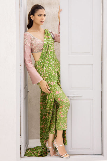 Embroidered Chalk Pink Blouse With Pear-Coloured Printed Floral Silk Sari