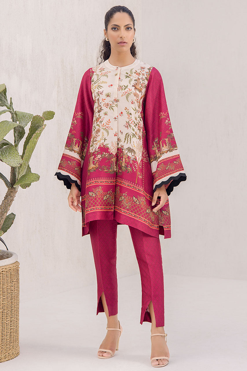 Digitally Printed Strawberry Pink And Cream Raw Silk Kurta