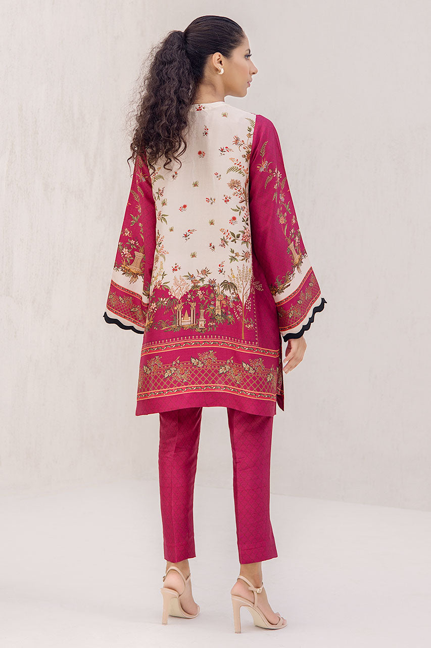 Digitally Printed Strawberry Pink And Cream Raw Silk Kurta