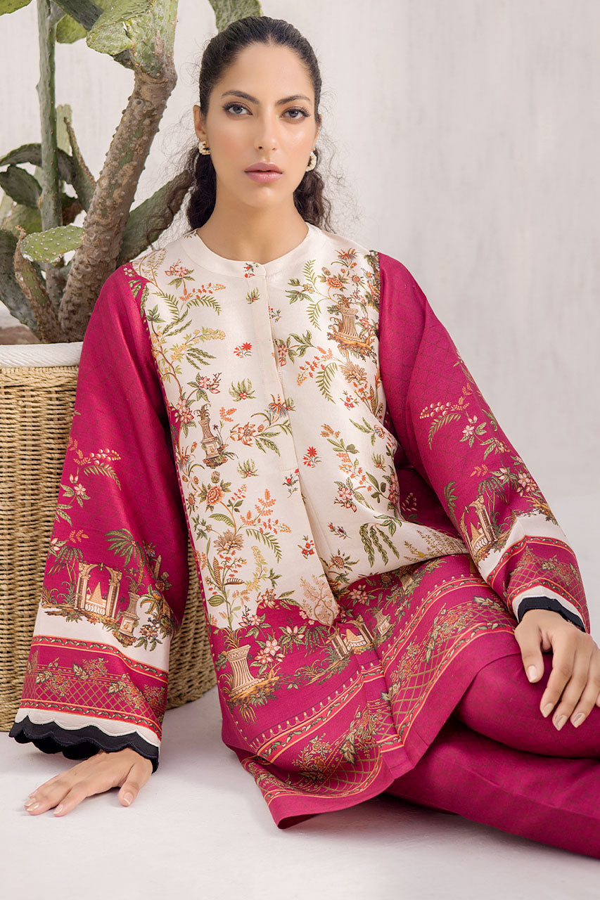 Digitally Printed Strawberry Pink And Cream Raw Silk Kurta