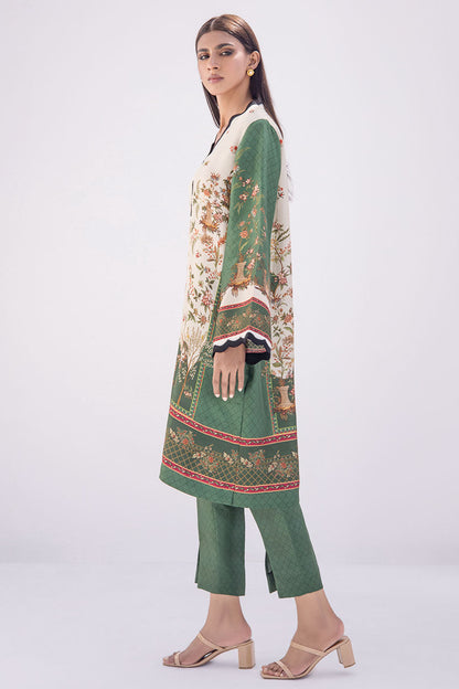 Digitally Printed Parrot Green And Cream Raw Silk Kurta