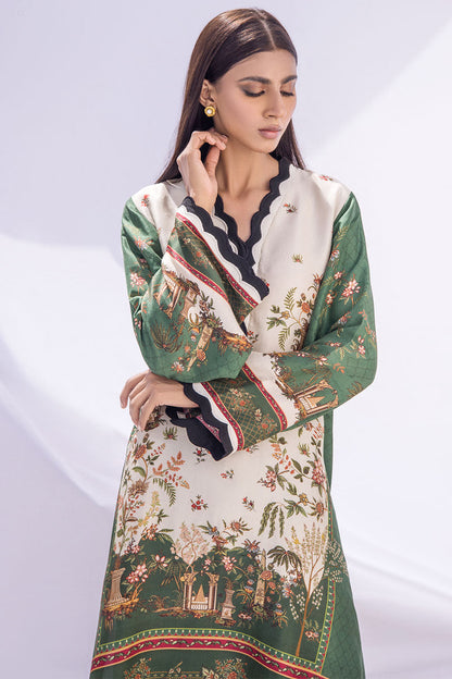 Digitally Printed Parrot Green And Cream Raw Silk Kurta