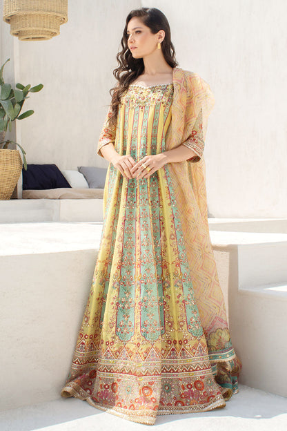 Lemon And Celadon Printed Cotton Net Peshwas With Printed Organza Dupatta