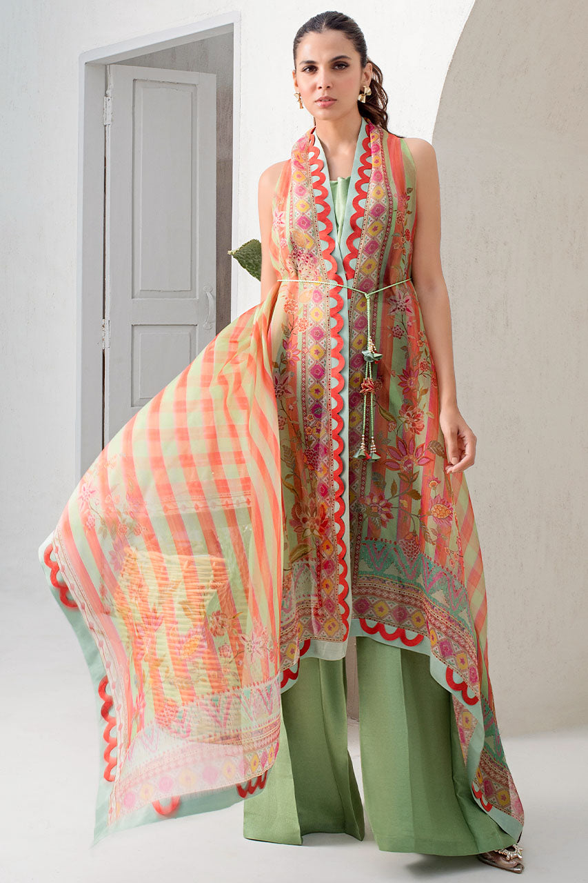 Digitally Printed Organza Belted Cape With Drop Corners And Fresh Green Silk Slip