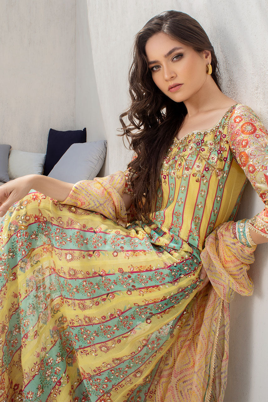 Lemon And Celadon Printed Cotton Net Peshwas With Printed Organza Dupatta